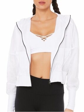 ALO Yoga White Zip-Up Hooded Jacket with Black Trim